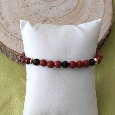 elastisches Armband aus Holzperlen und Natursteinen, schwarzer Onyx, roter Jaspis, 6 mm