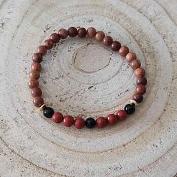 bracelet élastique perles bois et pierres naturelles onyx noir jaspe rouge 6mm 2