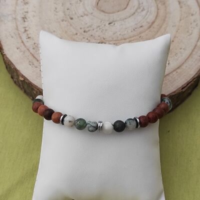 elastic bracelet wood beads and natural stones tree agate 6mm