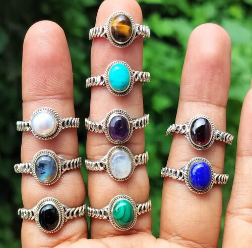 Pack of 10 Pieces 925 Sterling Silver Handmade Rings  With All Different Semi-Precious Gemstones