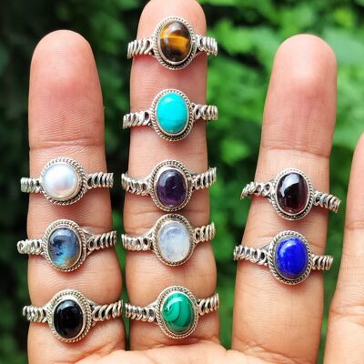 Pack of 10 Pieces 925 Sterling Silver Handmade Rings  With All Different Semi-Precious Gemstones