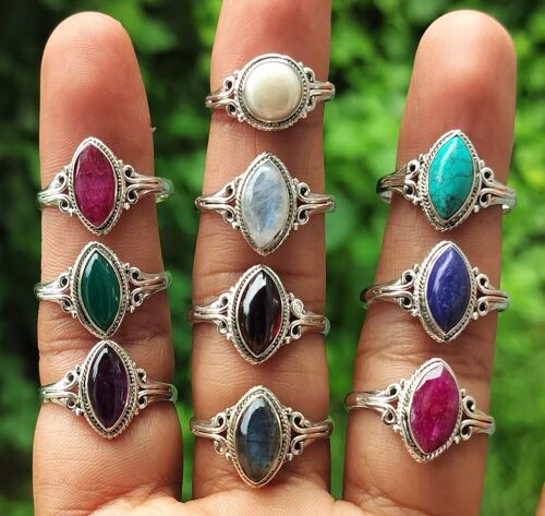 Pack of 9 Classic Handmade Rings  925 Sterling Silver With Genuine Semi-Precious Gemstones.