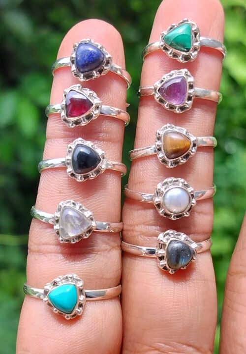 Set of 10 Trillion Shaped Semi-Precious Gemstones Handmade 925 Sterling Silver Rings