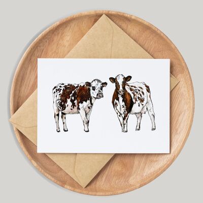 Vache brune faite à la main et dessinée à la main Carte de vœux