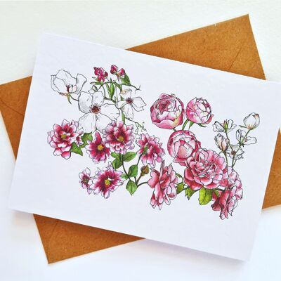 Pink Flowers Handmade & Hand Drawn Greeting Card