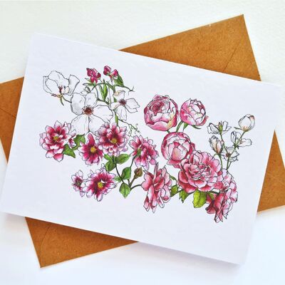 Pink Flowers Handmade & Hand Drawn Greeting Card