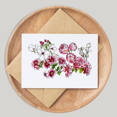 Fleurs roses faites à la main et dessinées à la main Carte de vœux