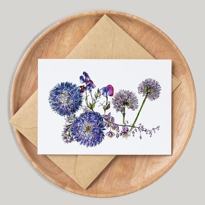 Fleurs bleues faites à la main et dessinées à la main Carte de vœux
