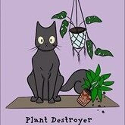 Tarjeta de hojalata con forma de gato espeluznante y destructor de plantas