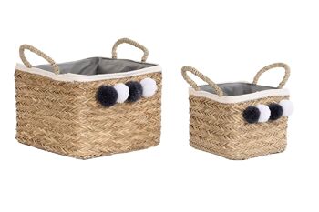 PANIER SET 2 COTON FIBRE 33X33X25 NATUREL POMPON DC202365 1