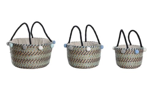 CESTA SET 3 SEAGRASS POLIESTER 43X43X43 POMPONES DC204065