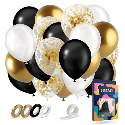 Fissaly® 40 pcs Gold, Black & White Helium Balloons with Ribbon – Embellishment Decoration – Paper Confetti – Latex