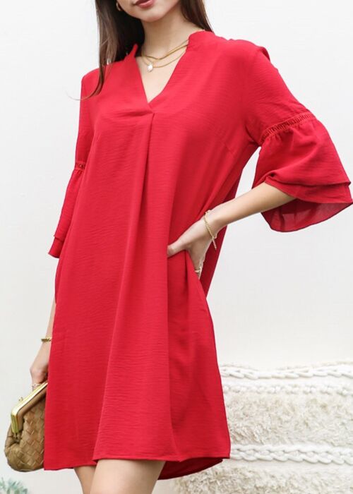 Pleated V Neck Straight Dress-Red
