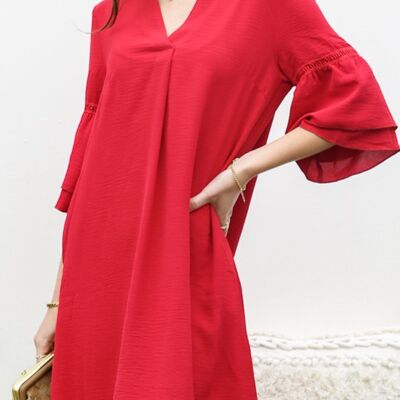 Gerades Kleid mit plissiertem V-Ausschnitt – Rot