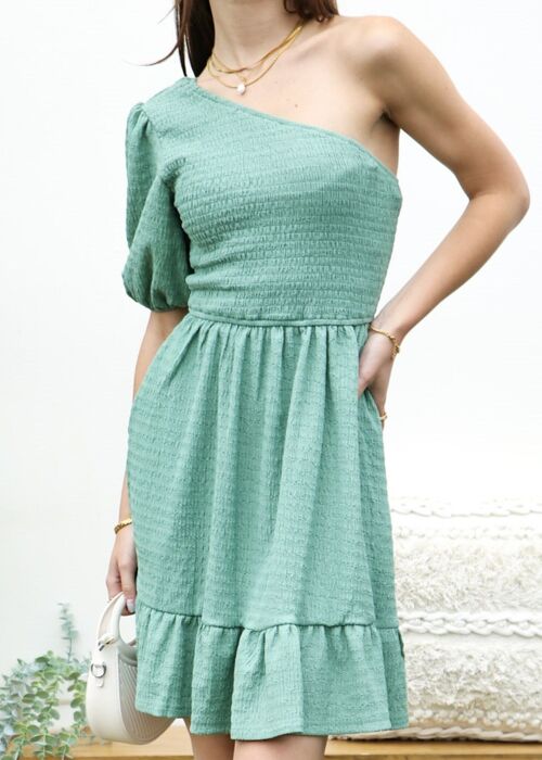 Solid One Shoulder Puff Sleeve Dress-Green