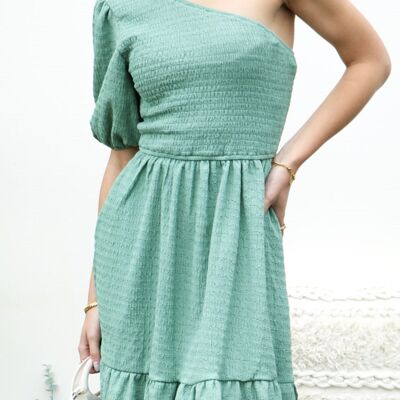 Solides One-Shoulder-Kleid mit Puffärmeln – Grün