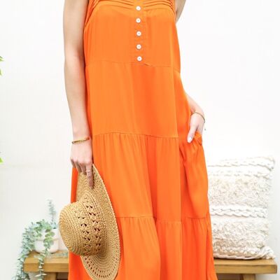 Vestido escote cuadrado detalle plisado-Naranja