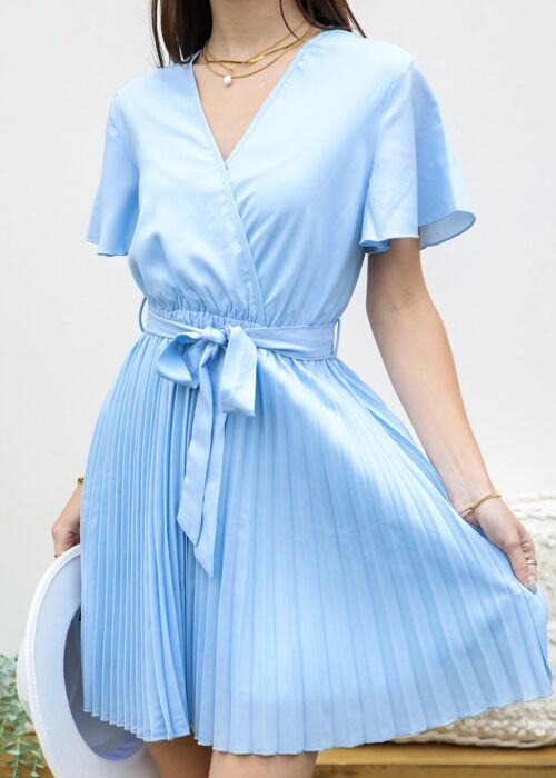 Classic Solid Color Pleated Dress-Blue