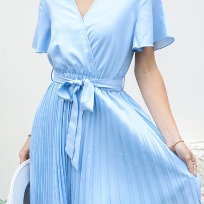Classic Solid Color Pleated Dress-Blue