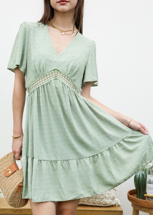 Crochet Waist Ruffle Hem Dress-Green