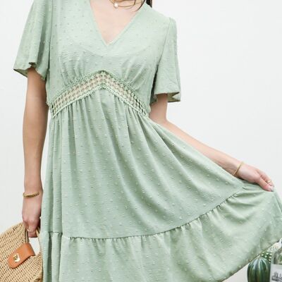 Crochet Waist Ruffle Hem Dress-Green