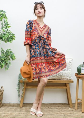 Robe Boho à Manches Coudées-Bleu 5