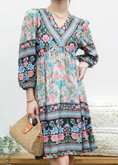 Elbow Sleeve Boho Dress-Pink