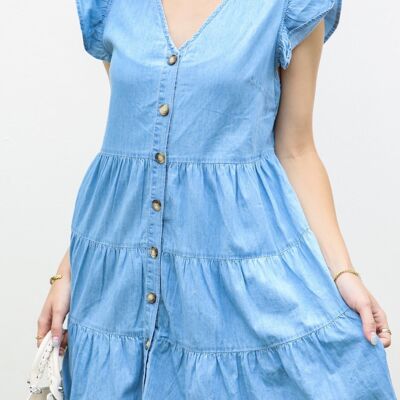 Ruffle Shoulder Contrast Button Dress-Blue