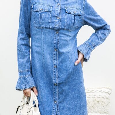 Denim Button Down Flared Dress-Blue