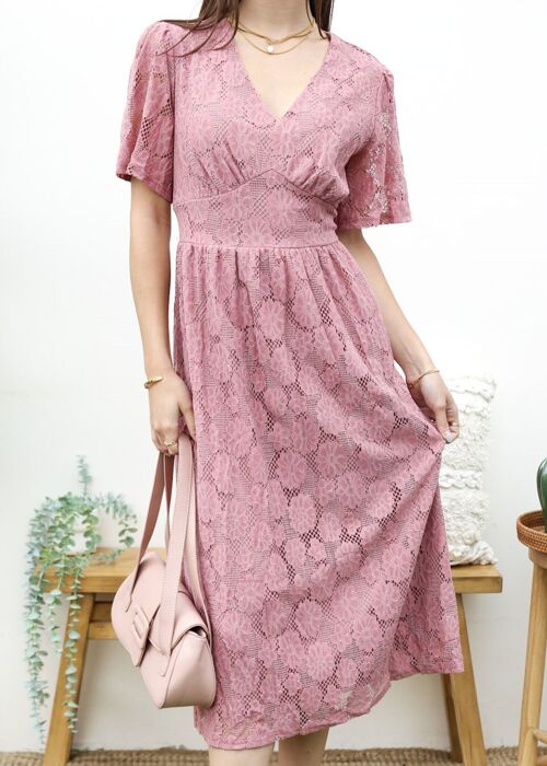 Floral Lace Midi Dress-Mauve Pink
