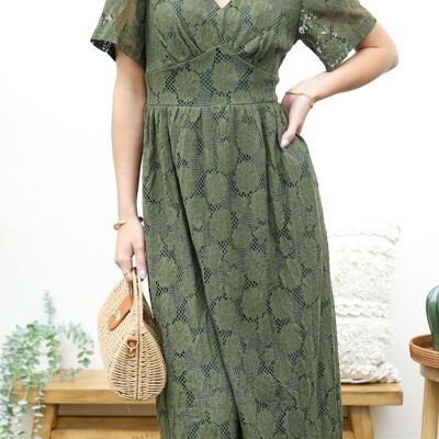 Vestido midi de encaje floral-Verde oliva