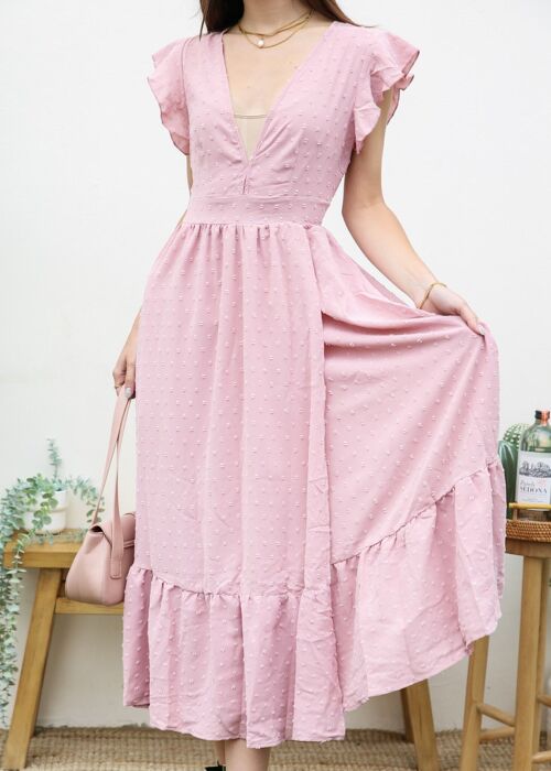Swiss Dot Plunge Neck Dress-Pink