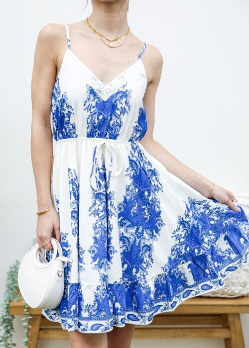 Crochet V Neck Oriental Dress-Blue
