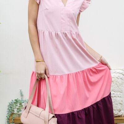 Ruffle Sleeve Color Block Dress-Pink