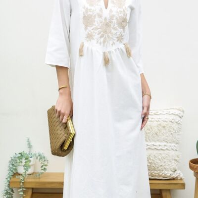 Spitzendetail-Kaftan-Kleid – Weiß
