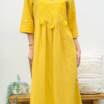 Spitzendetail-Kaftan-Kleid – Gelb