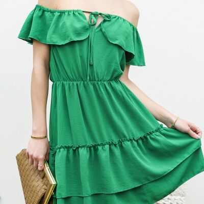 Ruffle Off-Shoulder Tiered Dress-Green