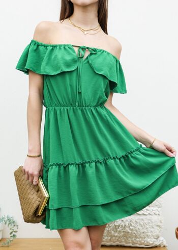 Robe à volants et épaules dénudées-Vert 1