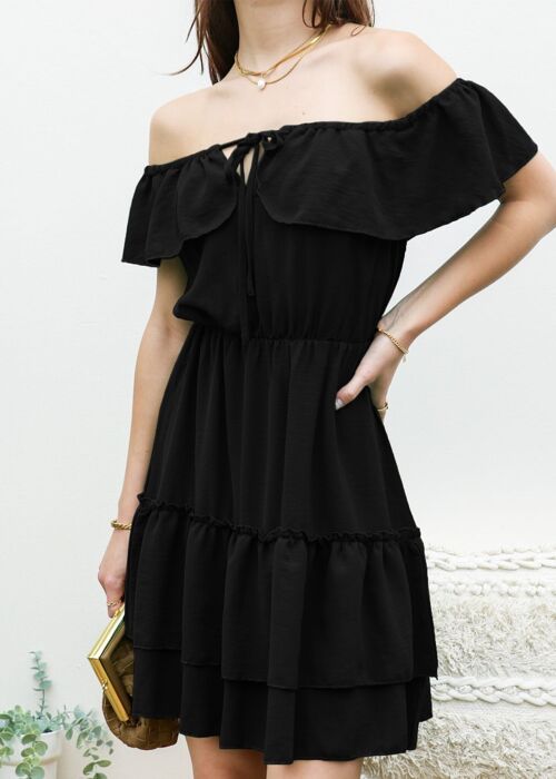 Ruffle Off-Shoulder Tiered Dress-Black