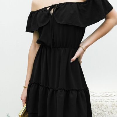 Schulterfreies, gestuftes Kleid mit Rüschen – Schwarz