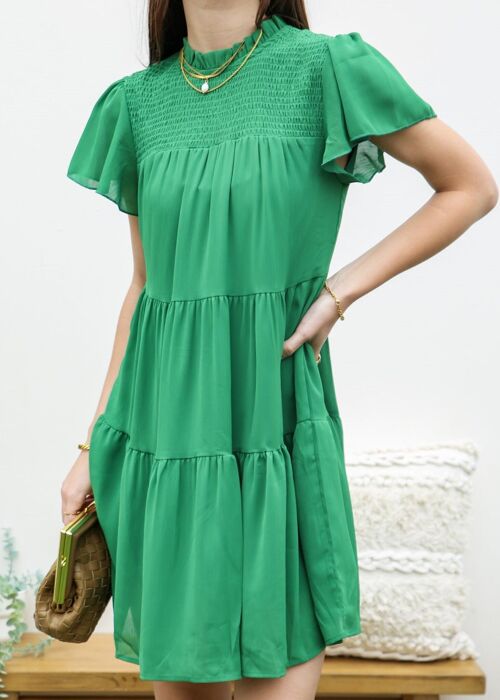 Shirred High Neck Tiered Dress-Green