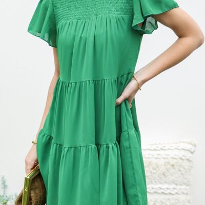 Vestido escalonado fruncido de cuello alto-Verde