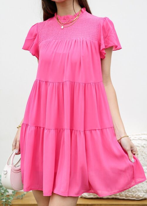 Shirred High Neck Tiered Dress-Fuchsia