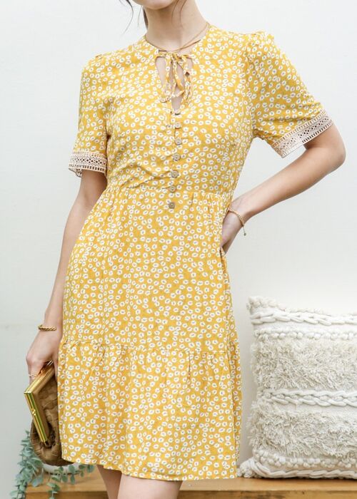 Crochet Trim Ditsy Floral Dress-Yellow