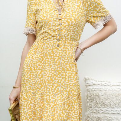 Crochet Trim Ditsy Floral Dress-Yellow