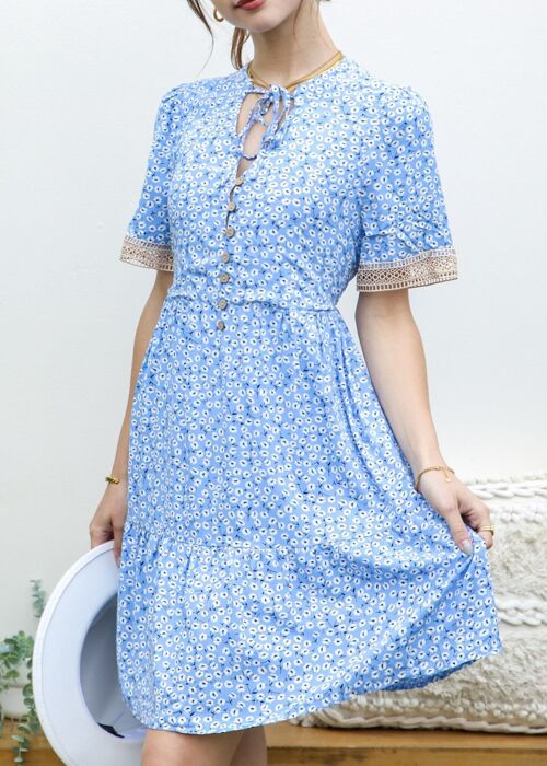 Crochet Trim Ditsy Floral Dress-Blue