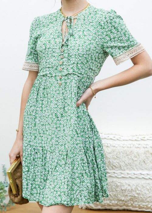 Crochet Trim Ditsy Floral Dress-Green