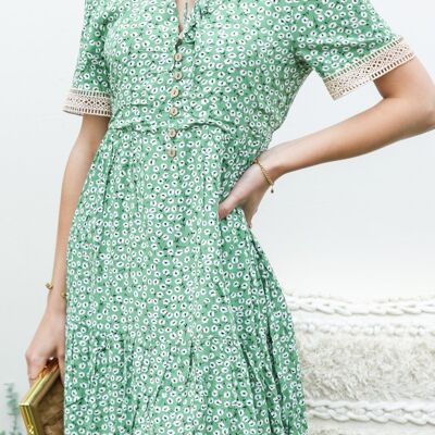 Crochet Trim Ditsy Floral Dress-Green