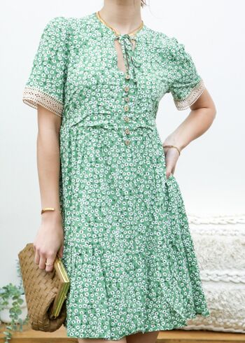 Robe à petites fleurs et bordure en crochet-Vert 5