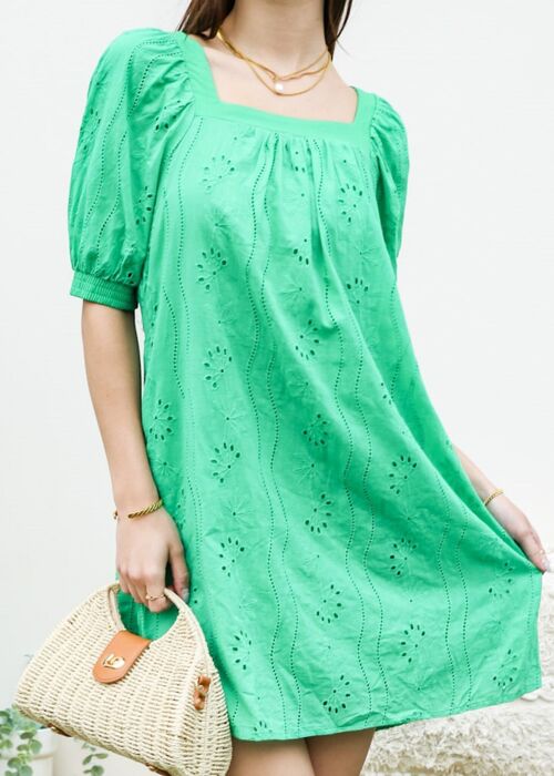 Square Neck Eyelet Dress-Green